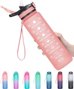 meitagie 32oz leakproof motivational sports water bottle with straw & time marker, flip top durable bpa free non-toxic frosted bottle perfect for office, school, gym and workout