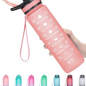 MEITAGIE 32oz Leakproof Motivational Sports Water Bottle with Straw & Time Marker, Flip Top Durable BPA Free Non-Toxic Frosted Bottle Perfect for Office, School, Gym and Workout