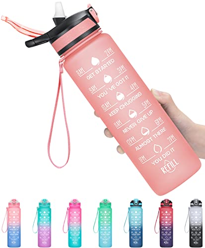 MEITAGIE 32oz Leakproof Motivational Sports Water Bottle with Straw & Time Marker, Flip Top Durable BPA Free Non-Toxic Frosted Bottle Perfect for Office, School, Gym and Workout