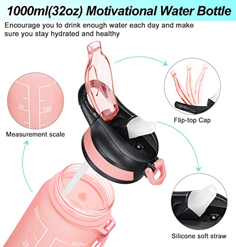 MEITAGIE 32oz Leakproof Motivational Sports Water Bottle with Straw & Time Marker, Flip Top Durable BPA Free Non-Toxic Frosted Bottle Perfect for Office, School, Gym and Workout