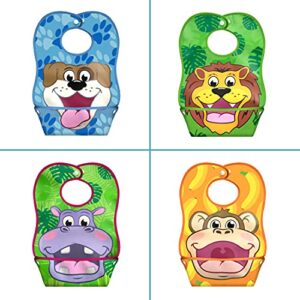 LA Baby Crumb Snatcher Waterproof Pocket Bib Large, Catch-All Pocket Design, 4-Pack (Monkey, Lion, Hippo, Puppy)