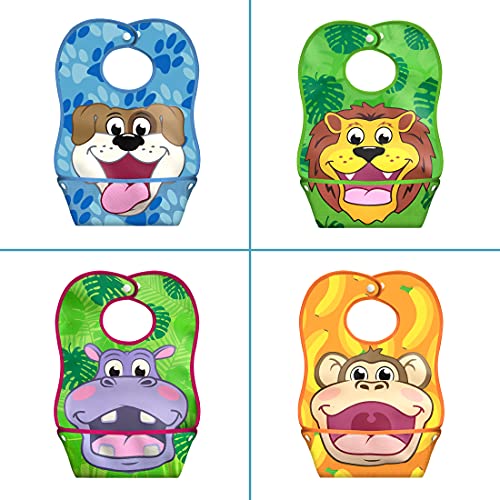 LA Baby Crumb Snatcher Waterproof Pocket Bib Large, Catch-All Pocket Design, 4-Pack (Monkey, Lion, Hippo, Puppy)
