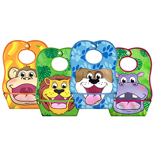 LA Baby Crumb Snatcher Waterproof Pocket Bib Large, Catch-All Pocket Design, 4-Pack (Monkey, Lion, Hippo, Puppy)