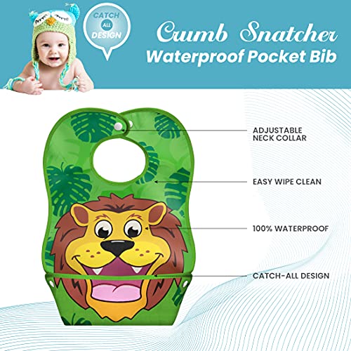 LA Baby Crumb Snatcher Waterproof Pocket Bib Large, Catch-All Pocket Design, 4-Pack (Monkey, Lion, Hippo, Puppy)