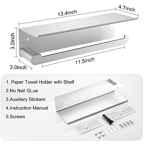 DUFU Paper Towel Holder with Shelf for Kitchen, Paper Towel Holder Wall Mount for Bathroom, Self-Adhesive Anti-Rust Aluminum, No Drill or Wall-Mounted with Screws (Dull Polished Silver)