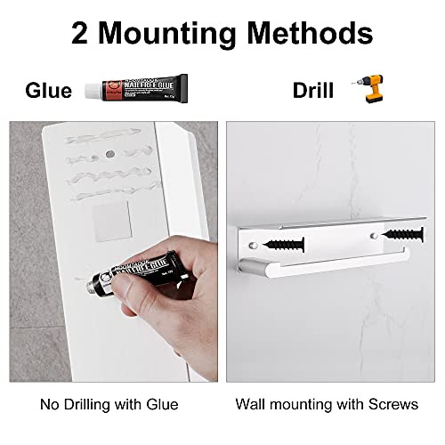 DUFU Paper Towel Holder with Shelf for Kitchen, Paper Towel Holder Wall Mount for Bathroom, Self-Adhesive Anti-Rust Aluminum, No Drill or Wall-Mounted with Screws (Dull Polished Silver)