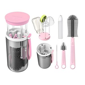 rrwin baby bottle brush,todder nursing bottle silicone brush travel set with nipple cleaner and drying rack (pink)