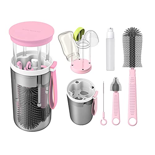 Rrwin Baby Bottle Brush,Todder Nursing Bottle Silicone Brush Travel Set with Nipple Cleaner and Drying Rack (Pink)