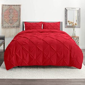 luxury 3 piece pinch pleated duvet cover set - ultra soft, lightweight, breathable microfiber bedding for cool, comfortable sleep, pintuck decorative comforter cover, queen, cherry red