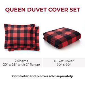 Mellanni Duvet Cover Queen Set - 100% Organic Cotton Buffalo Plaid Duvet Cover - Button Closure & Corner Ties - Organic Cotton Duvet Cover Set - Home Bedding (Queen, Red Buffalo Check)