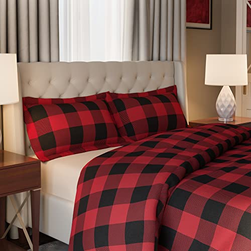 Mellanni Duvet Cover Queen Set - 100% Organic Cotton Buffalo Plaid Duvet Cover - Button Closure & Corner Ties - Organic Cotton Duvet Cover Set - Home Bedding (Queen, Red Buffalo Check)