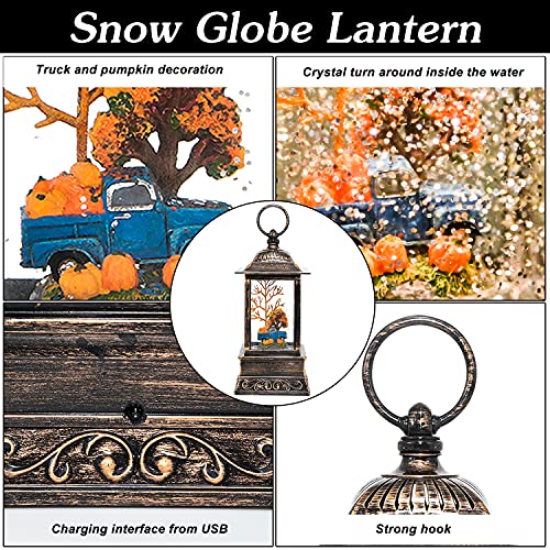 Fall Snow Globe Lantern, Thanksgiving Lighted Lantern, Swirling Glitter Snow Globe for Fall Harvest Day Decorations, Home Fall Decor, Halloween and Gift (Truck&Pumpkins)