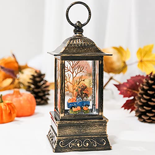 Fall Snow Globe Lantern, Thanksgiving Lighted Lantern, Swirling Glitter Snow Globe for Fall Harvest Day Decorations, Home Fall Decor, Halloween and Gift (Truck&Pumpkins)