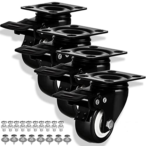 Casters Wheels Set of 4 Heavy Duty Swivel Casters 2" Double Locking Castor Wheels Set with Brake Industrial Polyurethane Metal Wheels for Workbench, Furniture, Cabinet, Wood Box, Outdoor Plate Casters