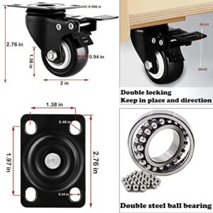 Casters Wheels Set of 4 Heavy Duty Swivel Casters 2" Double Locking Castor Wheels Set with Brake Industrial Polyurethane Metal Wheels for Workbench, Furniture, Cabinet, Wood Box, Outdoor Plate Casters