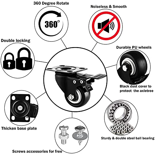 Casters Wheels Set of 4 Heavy Duty Swivel Casters 2" Double Locking Castor Wheels Set with Brake Industrial Polyurethane Metal Wheels for Workbench, Furniture, Cabinet, Wood Box, Outdoor Plate Casters