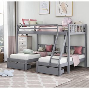 moolo 3-1 full over twin, twin bunk bed, wood triple bunk bed with drawers and guardrails for kids teens adults(color:gray)