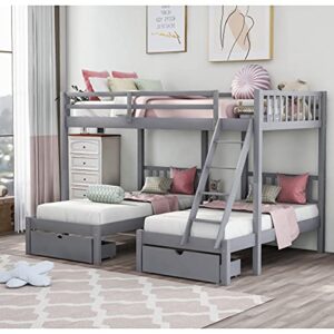 MOOLO 3-1 Full Over Twin, Twin Bunk Bed, Wood Triple Bunk Bed with Drawers and Guardrails for Kids Teens Adults(Color:Gray)