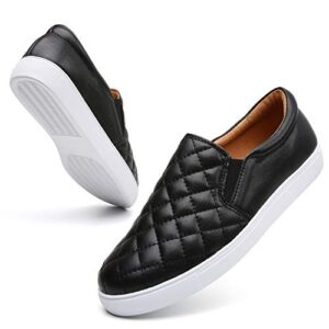 slip on sneaker for womens loafers quilted leather shoes non slip comfort casual memory foam rubber sole flat black us 8