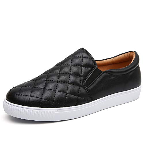 Slip On Sneaker for Womens Loafers Quilted Leather Shoes Non Slip Comfort Casual Memory Foam Rubber Sole Flat Black US 8