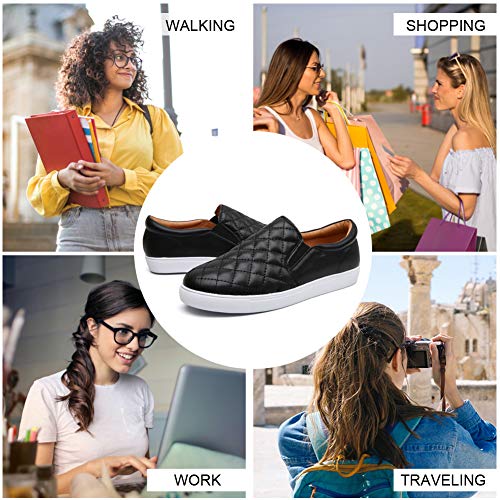 Slip On Sneaker for Womens Loafers Quilted Leather Shoes Non Slip Comfort Casual Memory Foam Rubber Sole Flat Black US 8