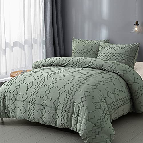 Green Tufted Comforter Set King Size (102×90 inches), Boho Shabby Chic Comforter Geometry Embroidery Bedding Set 3 Pieces (1 Comforter + 2 Pillowcases), Soft Microfiber Comforter for All Seasons