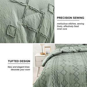 Green Tufted Comforter Set King Size (102×90 inches), Boho Shabby Chic Comforter Geometry Embroidery Bedding Set 3 Pieces (1 Comforter + 2 Pillowcases), Soft Microfiber Comforter for All Seasons