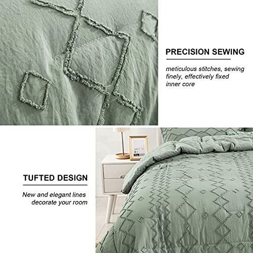 Green Tufted Comforter Set King Size (102×90 inches), Boho Shabby Chic Comforter Geometry Embroidery Bedding Set 3 Pieces (1 Comforter + 2 Pillowcases), Soft Microfiber Comforter for All Seasons