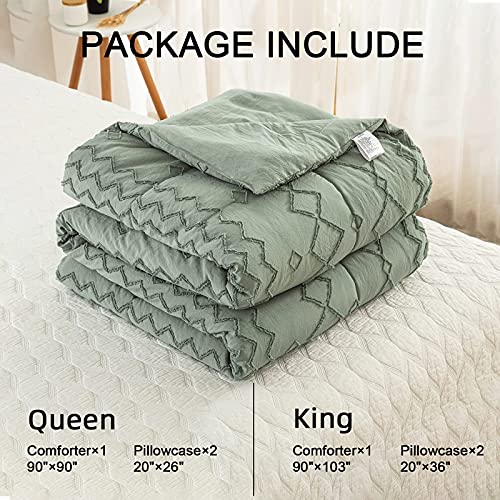 Green Tufted Comforter Set King Size (102×90 inches), Boho Shabby Chic Comforter Geometry Embroidery Bedding Set 3 Pieces (1 Comforter + 2 Pillowcases), Soft Microfiber Comforter for All Seasons