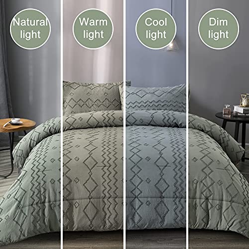 Green Tufted Comforter Set King Size (102×90 inches), Boho Shabby Chic Comforter Geometry Embroidery Bedding Set 3 Pieces (1 Comforter + 2 Pillowcases), Soft Microfiber Comforter for All Seasons