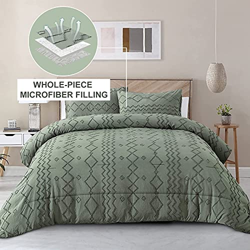 Green Tufted Comforter Set King Size (102×90 inches), Boho Shabby Chic Comforter Geometry Embroidery Bedding Set 3 Pieces (1 Comforter + 2 Pillowcases), Soft Microfiber Comforter for All Seasons