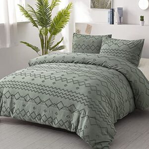 green tufted comforter set queen size (90×90 inches), boho shabby chic comforter geometry embroidery bedding set 3 pieces (1 comforter + 2 pillowcases), soft microfiber comforter for all seasons