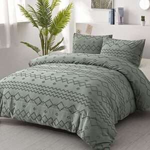 Green Tufted Comforter Set Queen Size (90×90 inches), Boho Shabby Chic Comforter Geometry Embroidery Bedding Set 3 Pieces (1 Comforter + 2 Pillowcases), Soft Microfiber Comforter for All Seasons