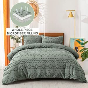 Green Tufted Comforter Set Queen Size (90×90 inches), Boho Shabby Chic Comforter Geometry Embroidery Bedding Set 3 Pieces (1 Comforter + 2 Pillowcases), Soft Microfiber Comforter for All Seasons