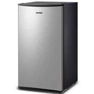 comfee' crm33s3ast cubic feet compact singel door mini fridge for bedroom office garage studio dorm with 3 removal glass shelves stainless steel refrigerator, 3.3 cuft, silver