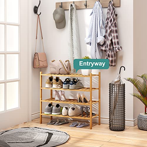 viewcare 4-Tier Bamboo Shoe Rack for Entryway, Stackable | Foldable | Natural, Shoe Organizer for Hallway Closet, Free Standing Shoe Racks for Indoor Outdoor