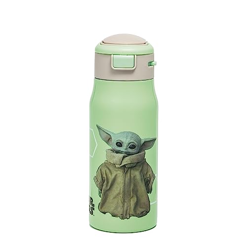 Zak Designs Star Wars Double-Wall Vacuum Insulated, 18/8 Stainless Steel Kids Mesa Water Bottle with Flip-Up Straw Spout and Locking Spout Cover, Durable Cup for Sports or Travel (13.5 oz,The Child)