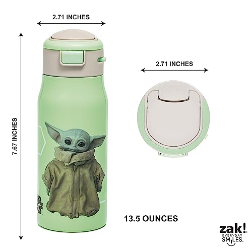 Zak Designs Star Wars Double-Wall Vacuum Insulated, 18/8 Stainless Steel Kids Mesa Water Bottle with Flip-Up Straw Spout and Locking Spout Cover, Durable Cup for Sports or Travel (13.5 oz,The Child)