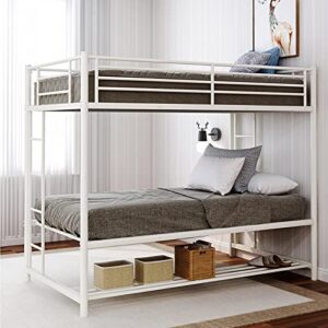twin over twin bunk bed with storage, metal twin size bunk beds frame with stairs full-length guardrail space-saving(color:white)