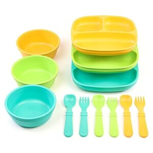 re play made in usa - 3 meals a day set - 3 divided plates, 3 sets of utensils - bpa free, made from eco-friendly recycled milk jugs - aqua asst with 3 wide base bowls