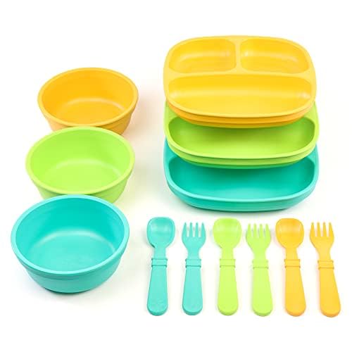 Re Play Made in USA - 3 Meals a Day Set - 3 Divided Plates, 3 Sets of Utensils - BPA Free, Made from Eco-Friendly Recycled Milk Jugs - Aqua Asst with 3 Wide Base Bowls