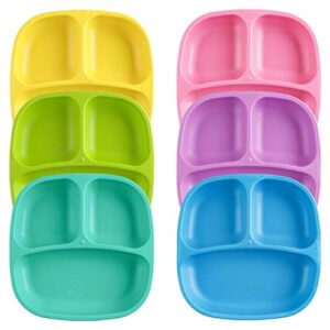 re play 6pk - 7" divided plates for baby, toddler & child feeding in yellow, lime, pink, purple, aqua & sky blue - bpa free- made in usa from eco friendly recycled milk jugs - sorbet - set of 6
