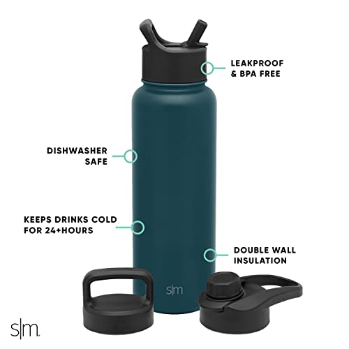 Simple Modern Water Bottle with Straw, Handle, and Chug Lid Vacuum Insulated Stainless Steel Metal Thermos Bottles | Large Leak Proof BPA-Free Flask for Gym, Sports | Summit Collection | 40oz, Riptide