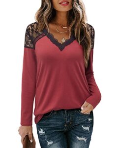 laishen women's v neck crochet lace trim long sleeve casual loose blouses tunic tops(red,m)
