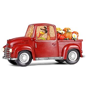 fall decor vintage red truck, 11.3" large size resin truck snow globe, vintage harvest pumpkin truck tabletop decorations for fall harvest thanksgiving autumn