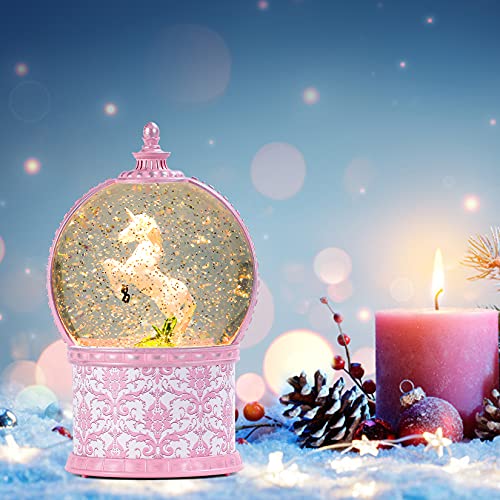 Unicorn Musical Snow Globes, 7.1 Inch Lighted Snow Globe with Swirling Glitter, Battery Operated & USB Powered