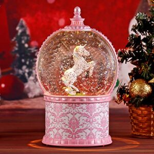 unicorn musical snow globes, 7.1 inch lighted snow globe with swirling glitter, battery operated & usb powered