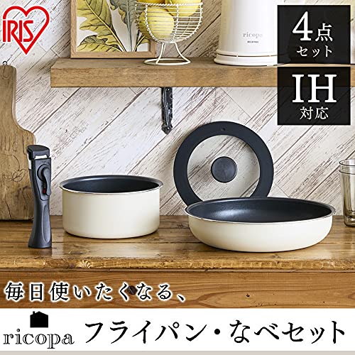 Iris Ohyama TF-SE4 Frying Pan and Pot Set, Frying Pan Set, Gas Fire, Induction Compatible, 4-Piece Set, Removable Handle, Diamond Coating, Ricopa Color, Red