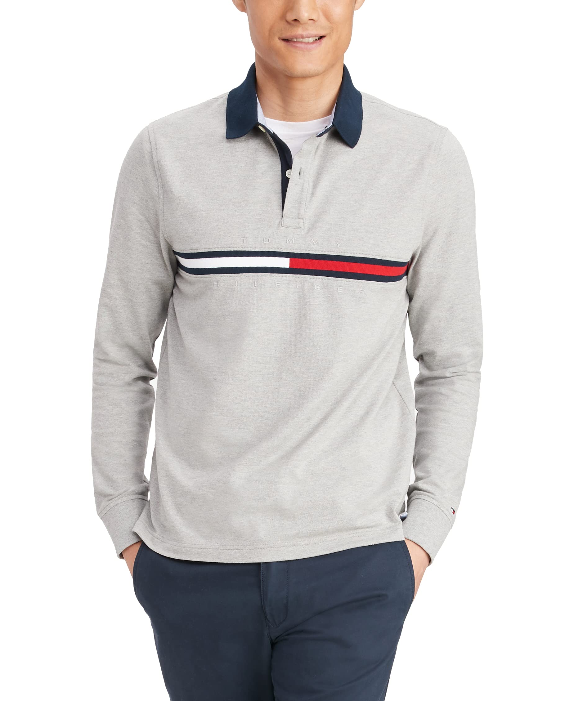 Tommy Hilfiger mens Long Sleeve Flag in Regular Fit Polo Shirt, B10 Grey Heather, Medium US