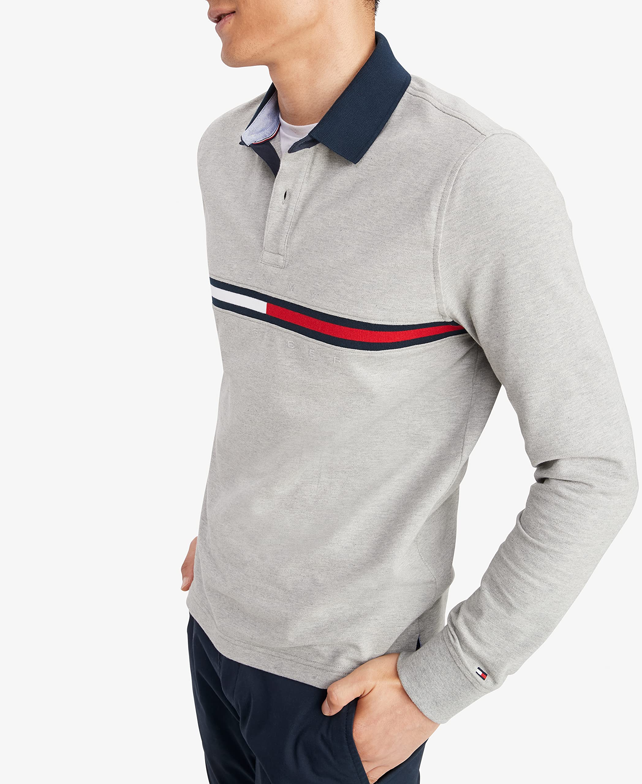 Tommy Hilfiger mens Long Sleeve Flag in Regular Fit Polo Shirt, B10 Grey Heather, Medium US